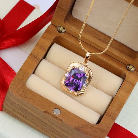 "Purple Rectangular Pendant with Gold Frame and Sparkling Accents, XPPT1786 - Picture 10 of 13